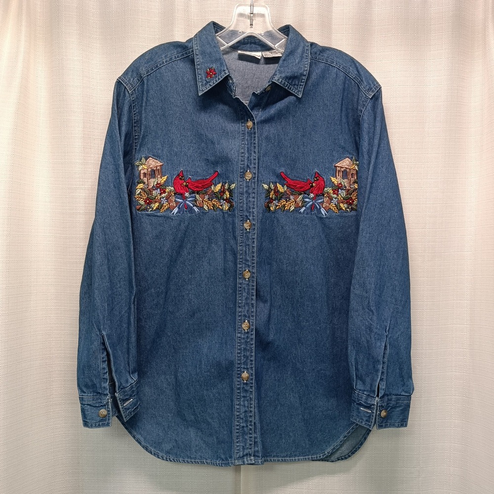 Bobbie Brooks Denim Shirt Embroidered Cardinals Autumn Womens S Cottage Granny